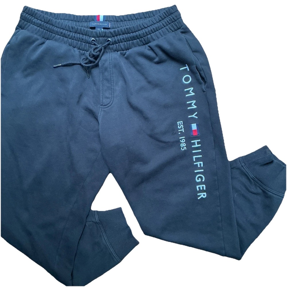 Vintage Tommy Hilfiger Sweatpants Y2K Mens L Black Spellout Logo Pockets Joggers